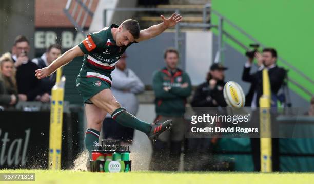 George Ford of Leicester kicks the late match winning penalty during the Aviva Premiership match between Leicester Tigers and Wasps at Welford Road...