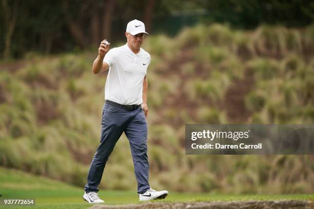 Alexander Noren of Sweden reacts on the fourth green during his semifinal round match against Kevin Kisner of the United States in the World Golf...