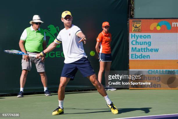 Matthew Ebden in action on Day 5 of the Miami Open at Crandon Park Tennis Center on March 23 in Key Biscayne, FL.