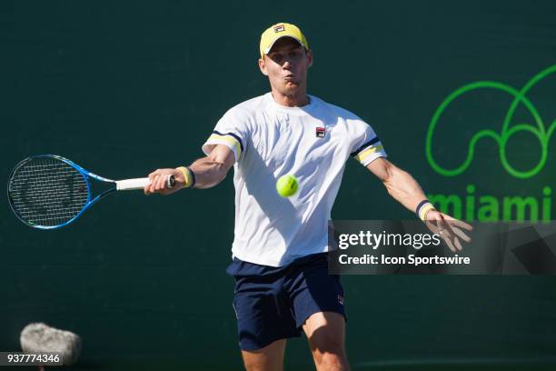 Matthew Ebden in action on Day 5 of the Miami Open at Crandon Park Tennis Center on March 23 in Key Biscayne, FL.