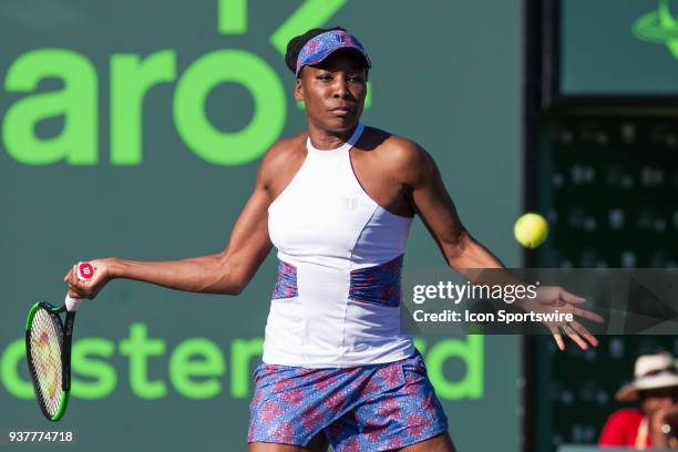 Venus Williams in action on Day 5 of the Miami Open at Crandon Park Tennis Center on March 23 in Key Biscayne, FL.