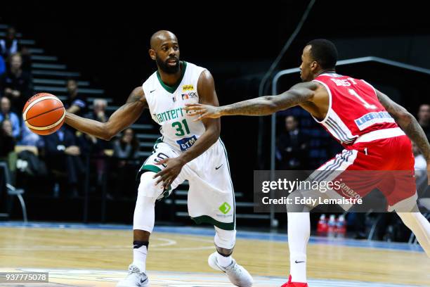 Jamar Wilson of Nanterre and Dee Bost of Strasbourg during the French Cup semi final match between Strasbourg and Nanterre at Trelaze, France on 25th...