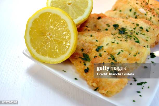 breaded fish with lemon slices - peixe à milanesa imagens e fotografias de stock