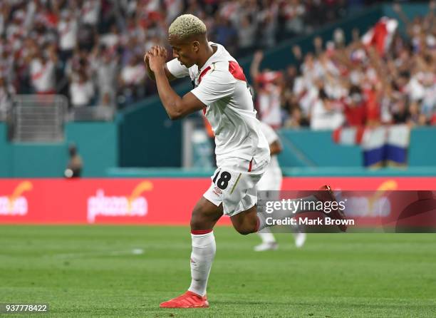 Andre Carrillo of Peru celebrates after scoring the first goal of his team during the international friendly match between Peru and Croatia at Hard...