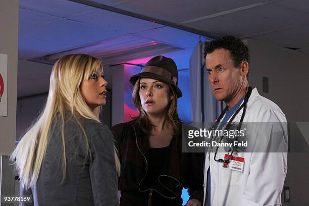 Tara Reid , Christa Miller and John C. McGinley in a scene on "Scrubs" from the episode entitled, "My Quarantine" airing on Tuesday, XXXXX , on NBC.