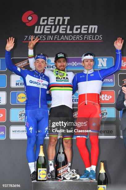 Podium / Elia Viviani of Italy and Team Quick-Step Floors / Peter Sagan of Slovakia and Team Bora Hansgrohe / Arnaud Demare of France and Team...