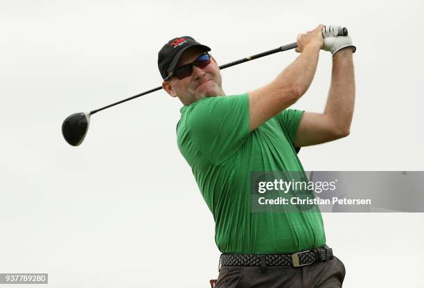 Troy Matteson plays his shot from the first tee during the final round of the Corales Puntacana Resort & Club Championship on March 25, 2018 in Punta...