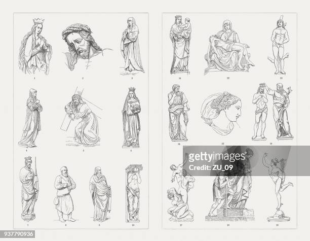 german and italian sculptures, 14th-18th century, wood engravings, published 1897 - michelangelo stock illustrations