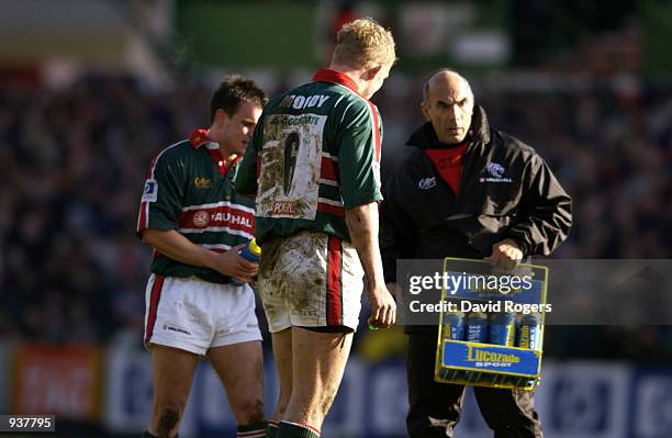 Lewis Moody of Leicester Tigers is offered a drink of Lucozade Sport during the Zurich Premiership match between Leicester Tigers and Northampton...