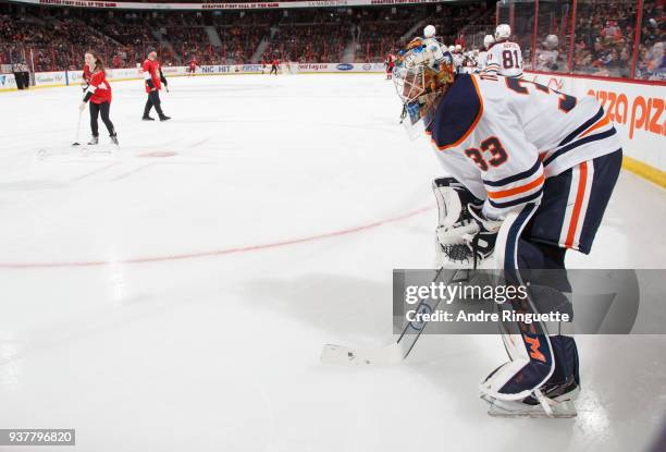 Cam Talbot of the Edmonton Oilers takes a break during a television timeout in a game against the Ottawa Senators at Canadian Tire Centre on March...