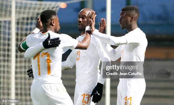 Nicolas Pepe of Ivory Coast celebrates his second goal with Serge Aurier, Giovanni Sio during the international friendly match between Togo and Ivory...