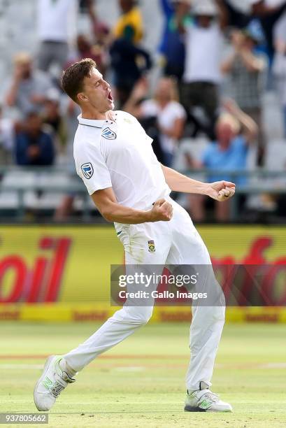 Morne Morkel celebrates a wicket during day 4 of the 3rd Sunfoil Test match between South Africa and Australia at PPC Newlands on March 25, 2018 in...