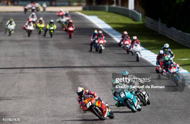 Riders Deniz Oncu of Turkey, Raul Fernandez of Spain and Manuel Pagliani of Italy during the Moto3 Junior World Championship in Estoril on March 25,...