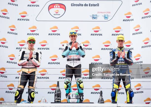 Moto3 podium Manuel Pagliani of Italy, Raul Fernandez of Spain and Vicente Perez of Spain during the Moto3 Junior World Championship in Estoril on...