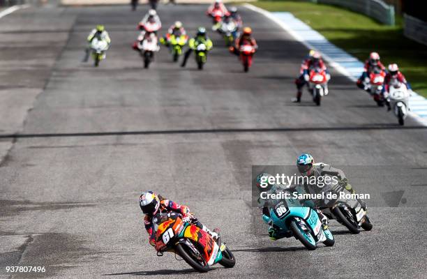 Riders Deniz Oncu of Turkey, Raul Fernandez of Spain and Manuel Pagliani of Italy during the Moto3 Junior World Championship in Estoril on March 25,...