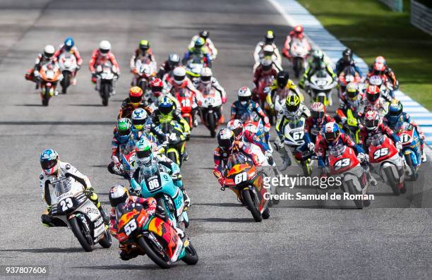 Riders Deniz Oncu of Turkey, Raul Fernandez of Spain, Manuel Pagliani of Italy and Can Oncu of Turkey during the Moto3 Junior World Championship in...