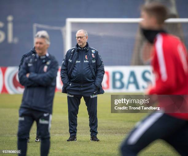 Lars Lagerback of Norway during training ahead of their match against Albania on March 25, 2018 in Tirana, Albania.