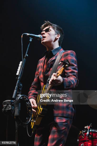 Ross Farrelly of The Strypes performs at First Direct Arena Leeds on February 23, 2018 in Leeds, England.