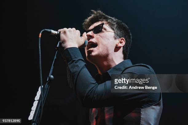 Ross Farrelly of The Strypes performs at First Direct Arena Leeds on February 23, 2018 in Leeds, England.