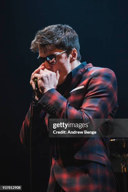 Ross Farrelly of The Strypes performs at First Direct Arena Leeds on February 23, 2018 in Leeds, England.