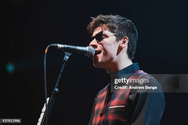 Ross Farrelly of The Strypes performs at First Direct Arena Leeds on February 23, 2018 in Leeds, England.