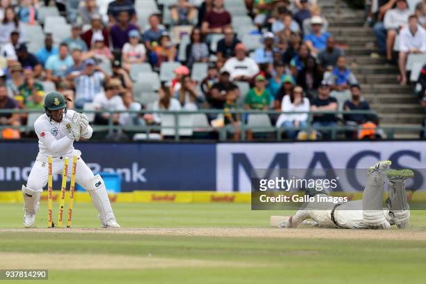Nathan Lyon is runout by Quinten de Kock and Temba Bavuma during day 4 of the 3rd Sunfoil Test match between South Africa and Australia at PPC...