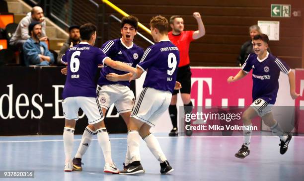 Cenker Yoldas of Berlin celebrates scoring a goal with teammates during the final of the DFB Indoor Football match C-Junioren between Tennis Borussia...