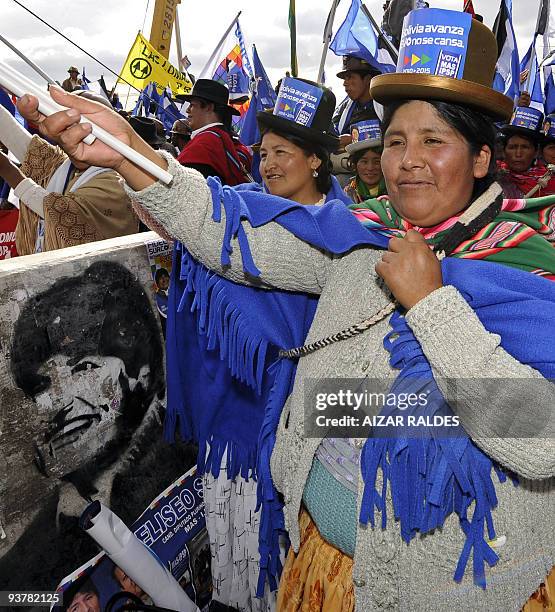 Supporters of the political party Movement to Socialism hold banners during the closing rally of the campaign on December 3, 2009 in El Alto, 12 km...