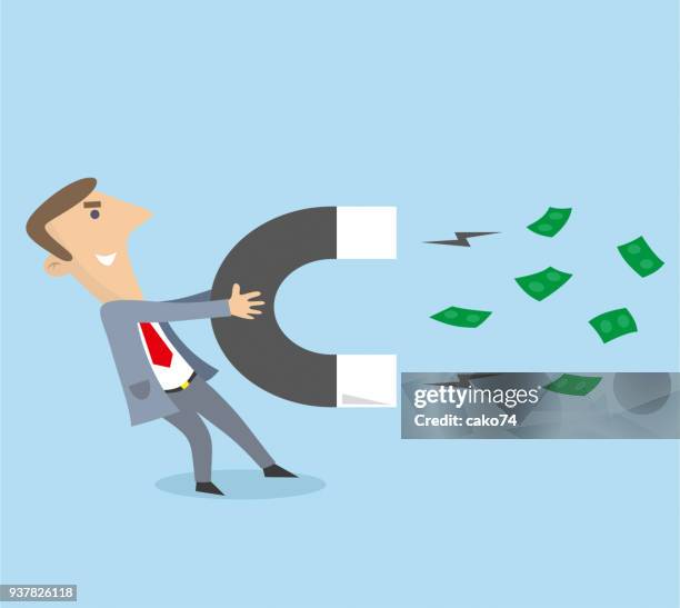 ilustraciones, imágenes clip art, dibujos animados e iconos de stock de hombre en busca de dinero con un imán - arqueólogo