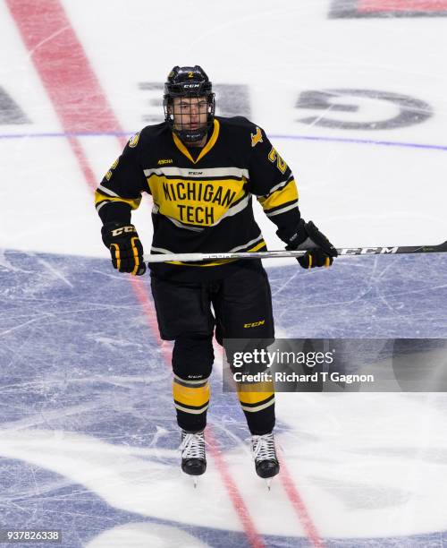 Seamus Donohue of the Michigan Tech Huskies skates against the Notre Dame Fighting Irish during the NCAA Division I Men's Ice Hockey East Regional...