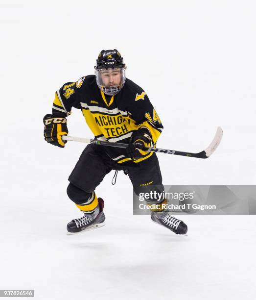 Gavin Gould of the Michigan Tech Huskies skates against the Notre Dame Fighting Irish during the NCAA Division I Men's Ice Hockey East Regional...