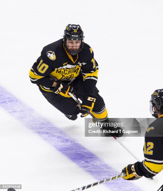 MJake Jackson of the Michigan Tech Huskies skates against the Notre Dame Fighting Irish during the NCAA Division I Men's Ice Hockey East Regional...