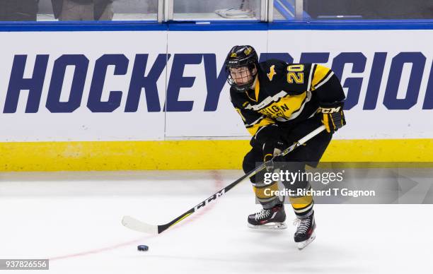 Alex Smith of the Michigan Tech Huskies skates against the Notre Dame Fighting Irish during the NCAA Division I Men's Ice Hockey East Regional...