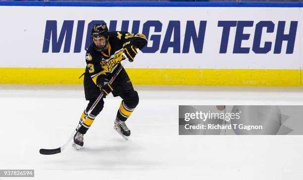 Thomas Beretta of the Michigan Tech Huskies skates against the Notre Dame Fighting Irish during the NCAA Division I Men's Ice Hockey East Regional...