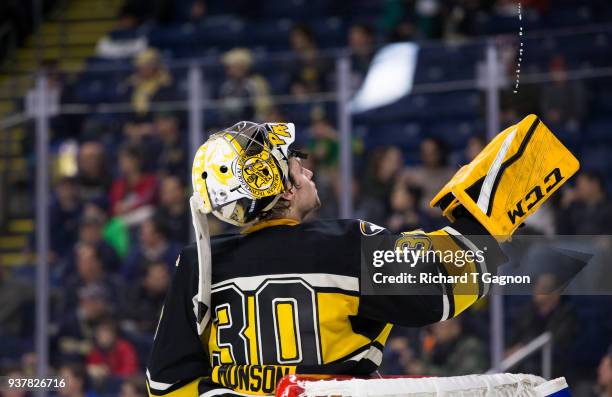 Patrick Munson of the Michigan Tech Huskies tends goal against the Notre Dame Fighting Irish during the NCAA Division I Men's Ice Hockey East...