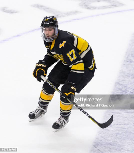 Justin Misiak of the Michigan Tech Huskies skates against the Notre Dame Fighting Irish during the NCAA Division I Men's Ice Hockey East Regional...