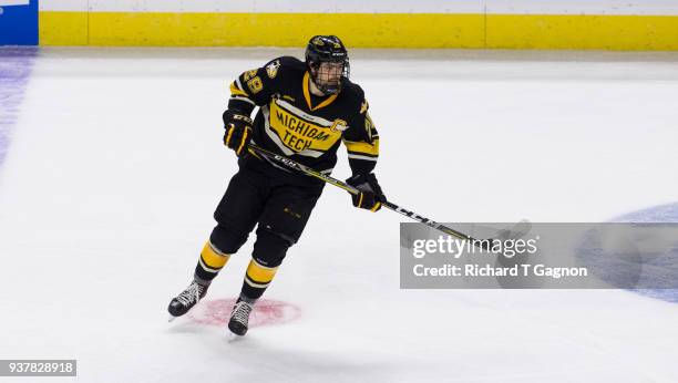 Brent Baltus of the Michigan Tech Huskies skates against the Notre Dame Fighting Irish during the NCAA Division I Men's Ice Hockey East Regional...