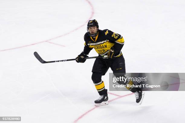 Mitch Meek of the Michigan Tech Huskies skates against the Notre Dame Fighting Irish during the NCAA Division I Men's Ice Hockey East Regional...