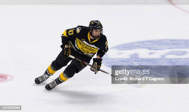 Jake Jackson of the Michigan Tech Huskies skates against the Notre Dame Fighting Irish during the NCAA Division I Men's Ice Hockey East Regional...