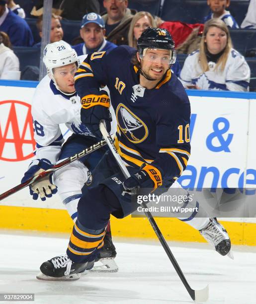 Jacob Josefson of the Buffalo Sabres skates during an NHL game against the Toronto Maple Leafs on March 15, 2018 at KeyBank Center in Buffalo, New...