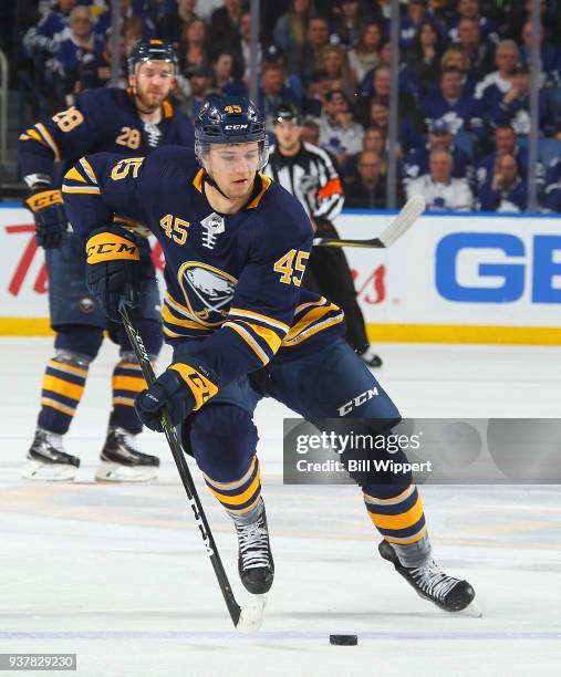 Brendan Guhle of the Buffalo Sabres skates during an NHL game against the Toronto Maple Leafs on March 15, 2018 at KeyBank Center in Buffalo, New...