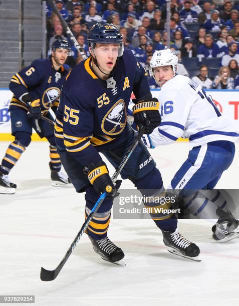 Rasmus Ristolainen of the Buffalo Sabres skates during an NHL game against the Toronto Maple Leafs on March 15, 2018 at KeyBank Center in Buffalo,...