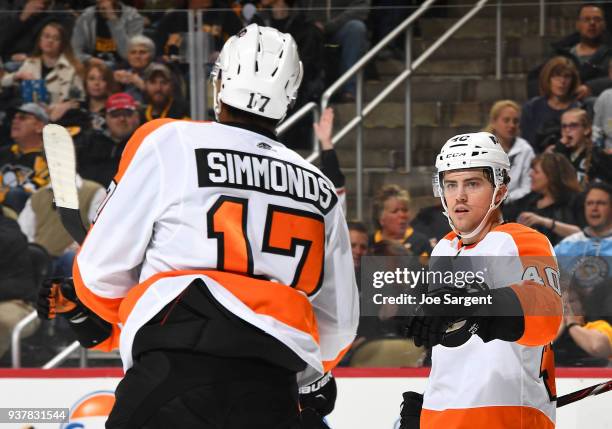 Jordan Weal of the Philadelphia Flyers celebrates his second period goal against the Pittsburgh Penguins at PPG Paints Arena on March 25, 2018 in...