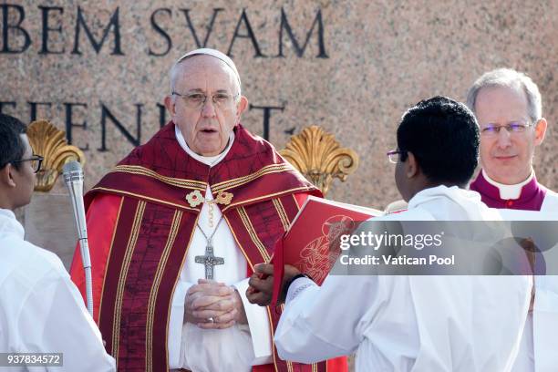 Pope Francis leads the Palm Sunday Mass at St. Peter's Square on March 25, 2018 in Vatican City, Vatican. The pope on Sunday presided at the...