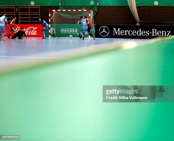 Mahdi Matar of Blumenthal fights for the ball during the DFB Indoor Football half final match between Blumenthaler SV and VFB Eppingen on March 25,...