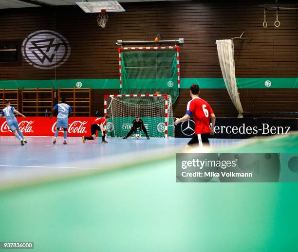 Overview, game scene during the DFB Indoor Football half final match between Blumenthaler SV and VFB Eppingen on March 25, 2018 in Gevelsberg,...