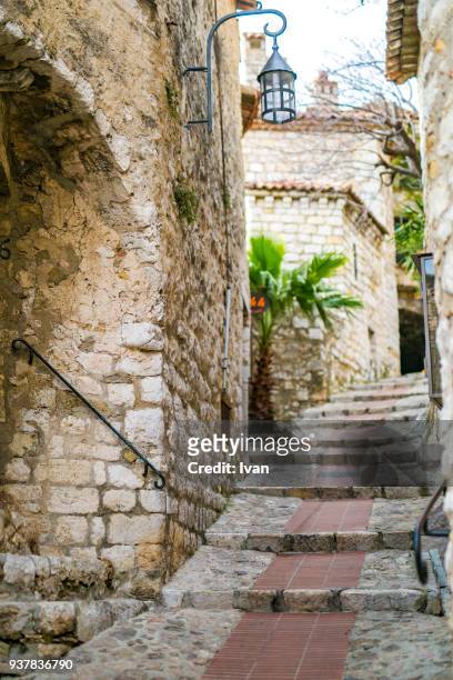 view of old cobblestoned street, eze, provence, france - eze village fotografías e imágenes de stock