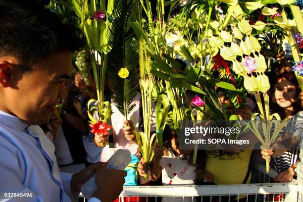 Lay minister blesses the palm fronds of devotees with holy water outside the Antipolo church, Rizal province, east of Manila. Catholic devotees mark...