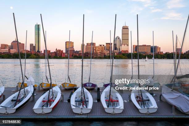 sunset, boston skyline, boats, massachusetts, america - boston massachusetts landmark stock pictures, royalty-free photos & images