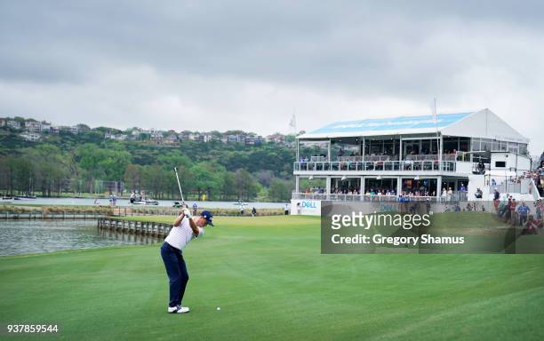 Justin Thomas of the United States plays a shot on the 13th hole during his semifinal round match against Bubba Watson of the United States in the...